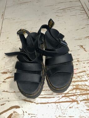 Dr. Martens Men’s Black Leather Strappy Sandals with Yellow Stitching